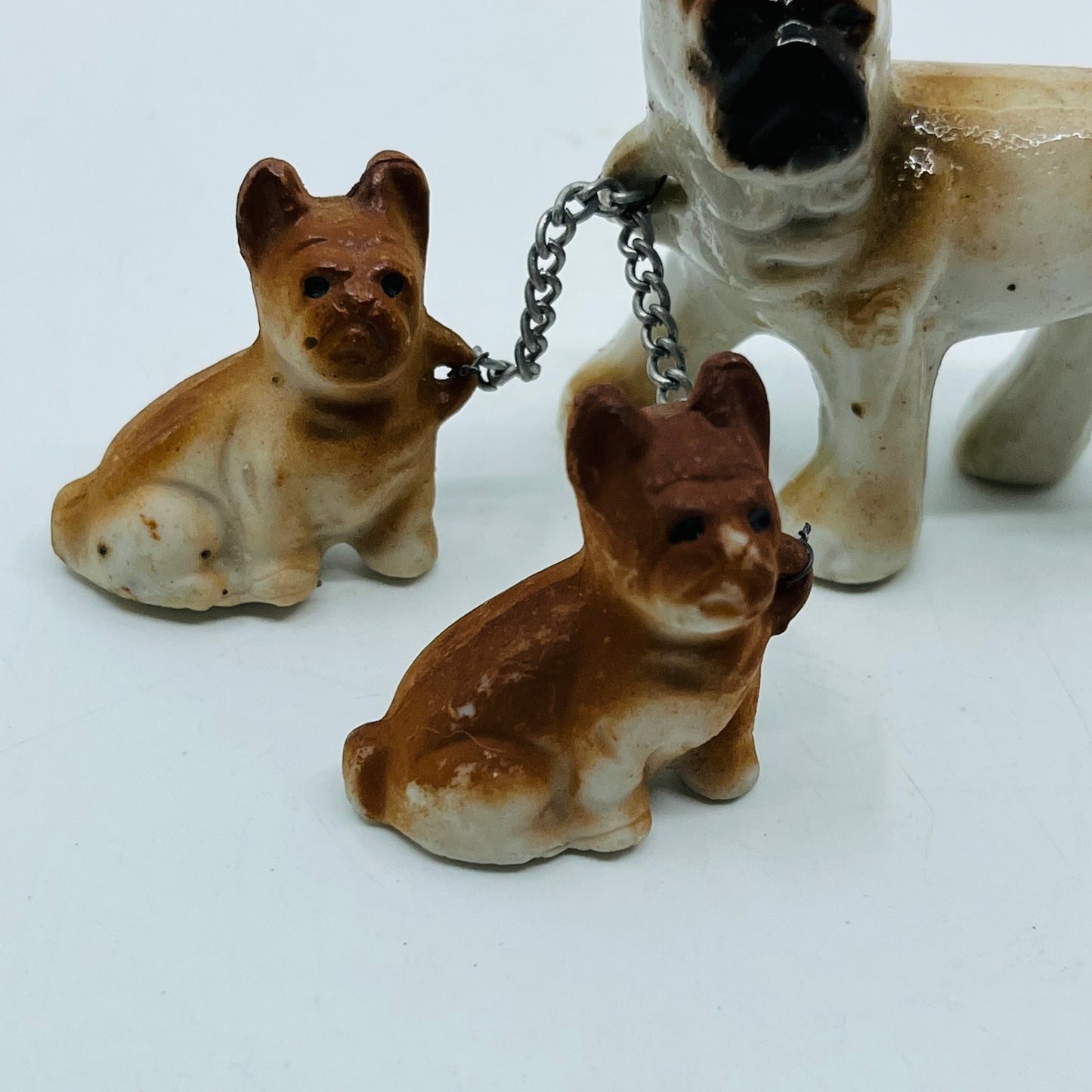 Vintage Brown Boxer Dog With 2 Puppies on Chain Hand Painted Porcelain 2.5” SB2