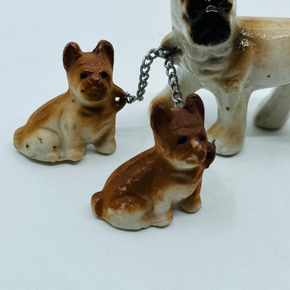Vintage Brown Boxer Dog With 2 Puppies on Chain Hand Painted Porcelain 2.5” SB2