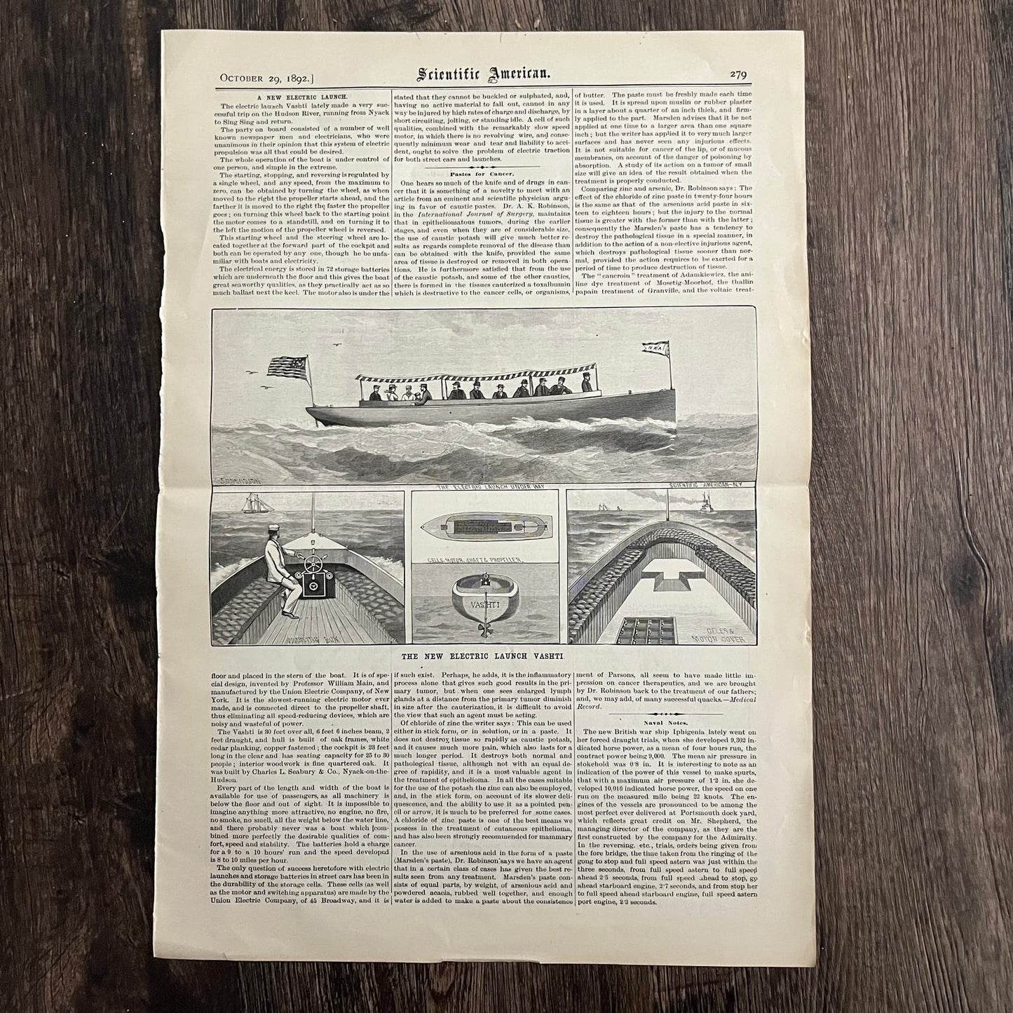 Electric Launch Vashti Boat Engraving & Article 1892 Scientific American D8-4