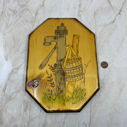 Hand Carved Painted Water Pump Farmhouse Wall Art Wood Plaque Signed 7x9.5 TE5