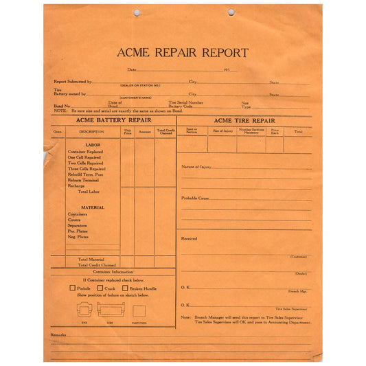 1930s Original Acme Automobile Tire and Battery Repair Form BLANK AC9