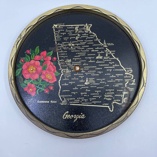 Vintage Black & Gold Metal State Souvenir Plate Tray LAZY SUSAN Georgia 11” TI2