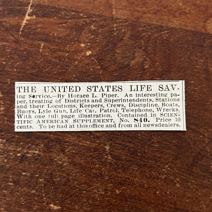 US Life Saving Service Horace L. Piper Original Advertisement AD8-P28