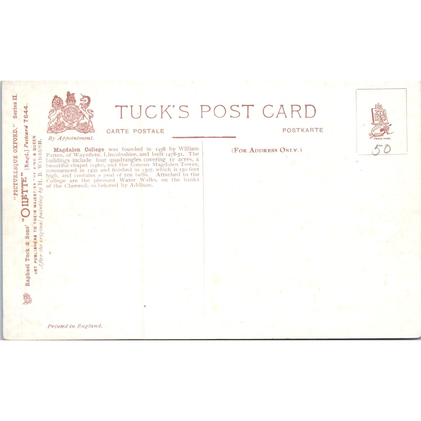 Oxford - Magdalen College Raphael Tuck Oilette Original Postcard P3-2