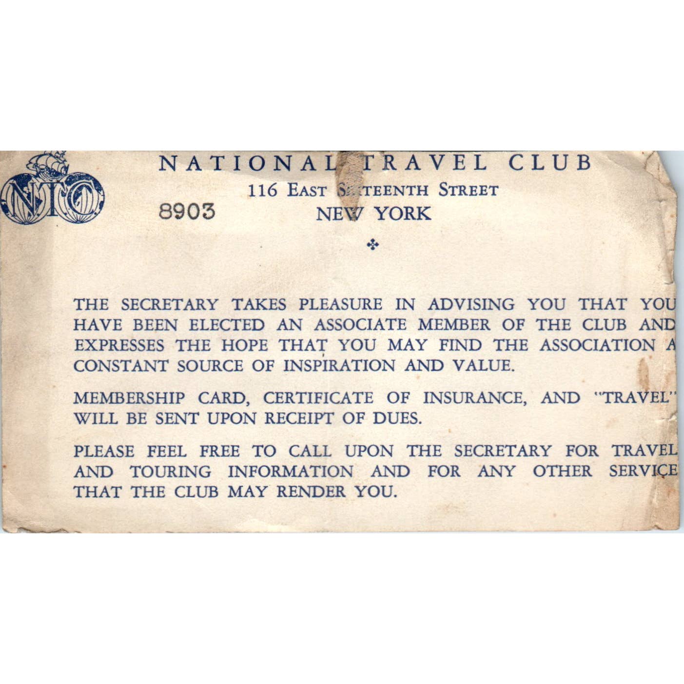 1950s National Travel Club Associate Membership Notice SE5