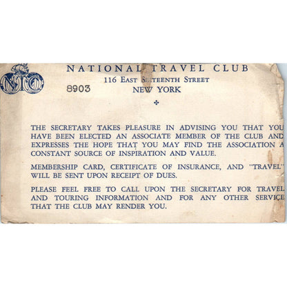 1950s National Travel Club Associate Membership Notice SE5