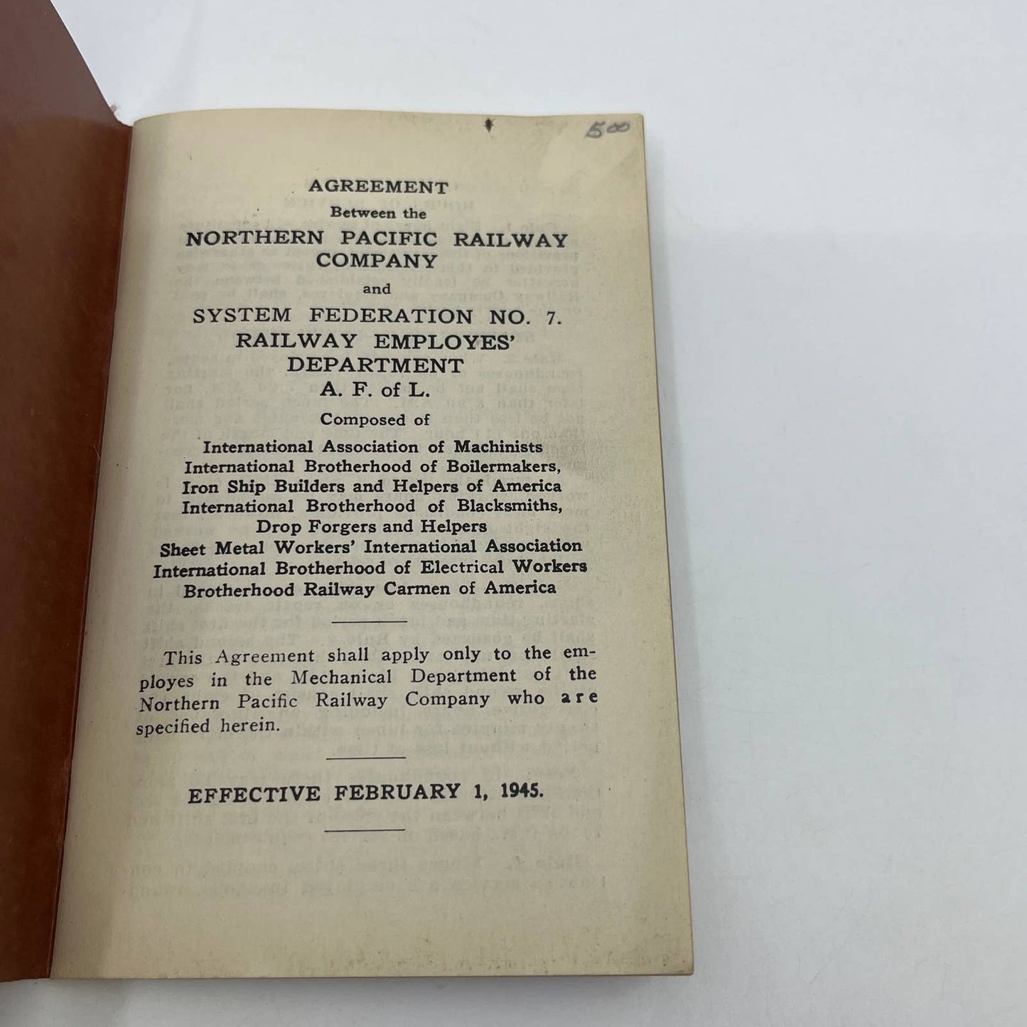 1945 Northern Pacific Railway & Railroad Employees Agreement Booklet TG6