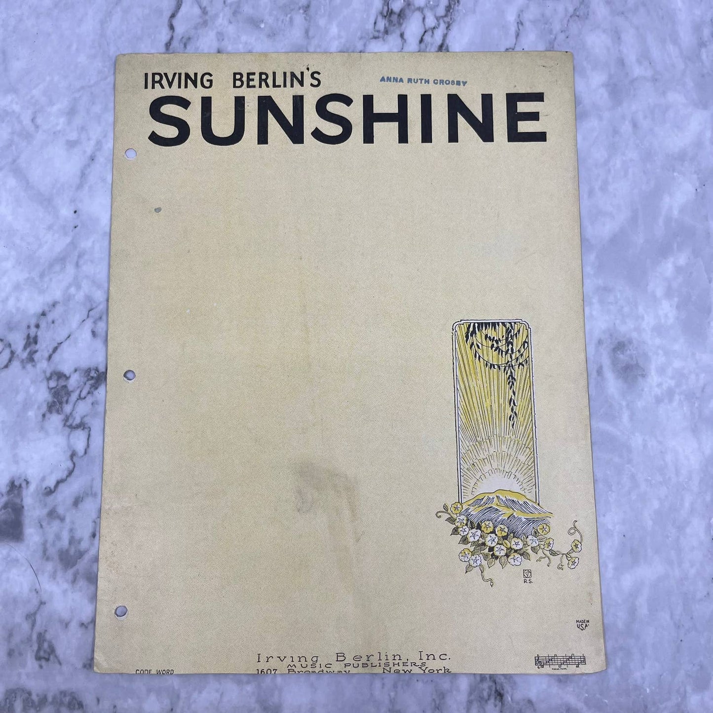 1928 Irving Berlin's Sunshine Sheet Music Piano Tune Ukulele Banjulele Banjo TJ4