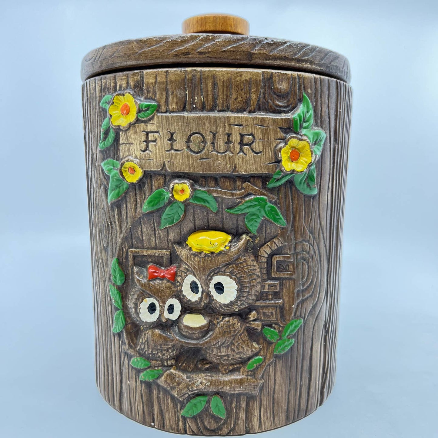 1960s Treasure Craft Owl Flour Canister Ceramic Brown Wood Grain USA TE8
