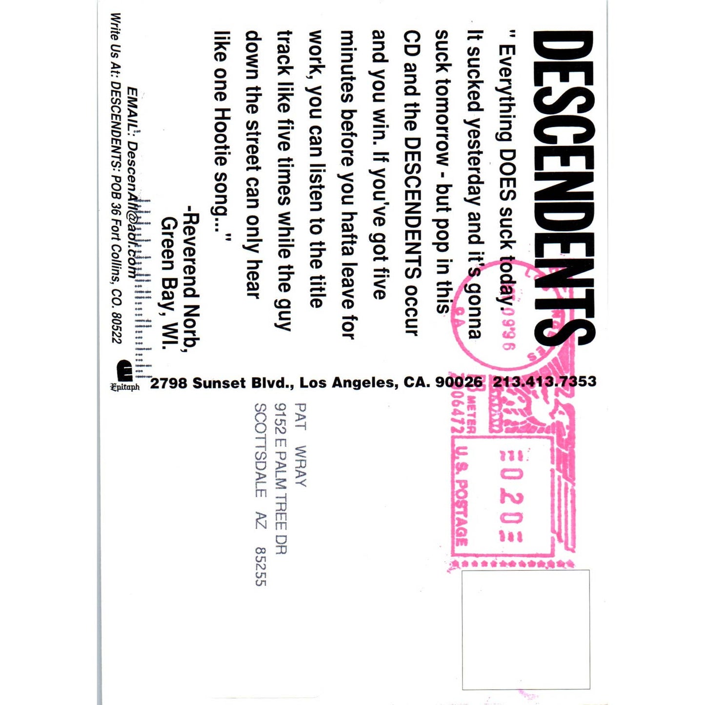 1996 DESCENDENTS Everything Sucks Release Promo Postcard AD7