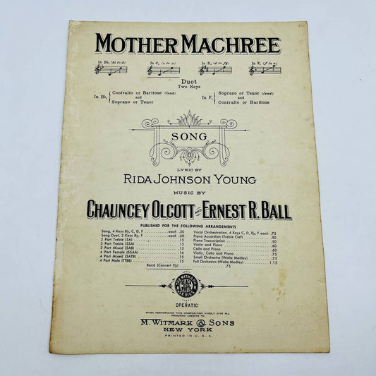 1910 Mother Machree Chauncey Olcott Ernest R. Ball Sheet Music TD6