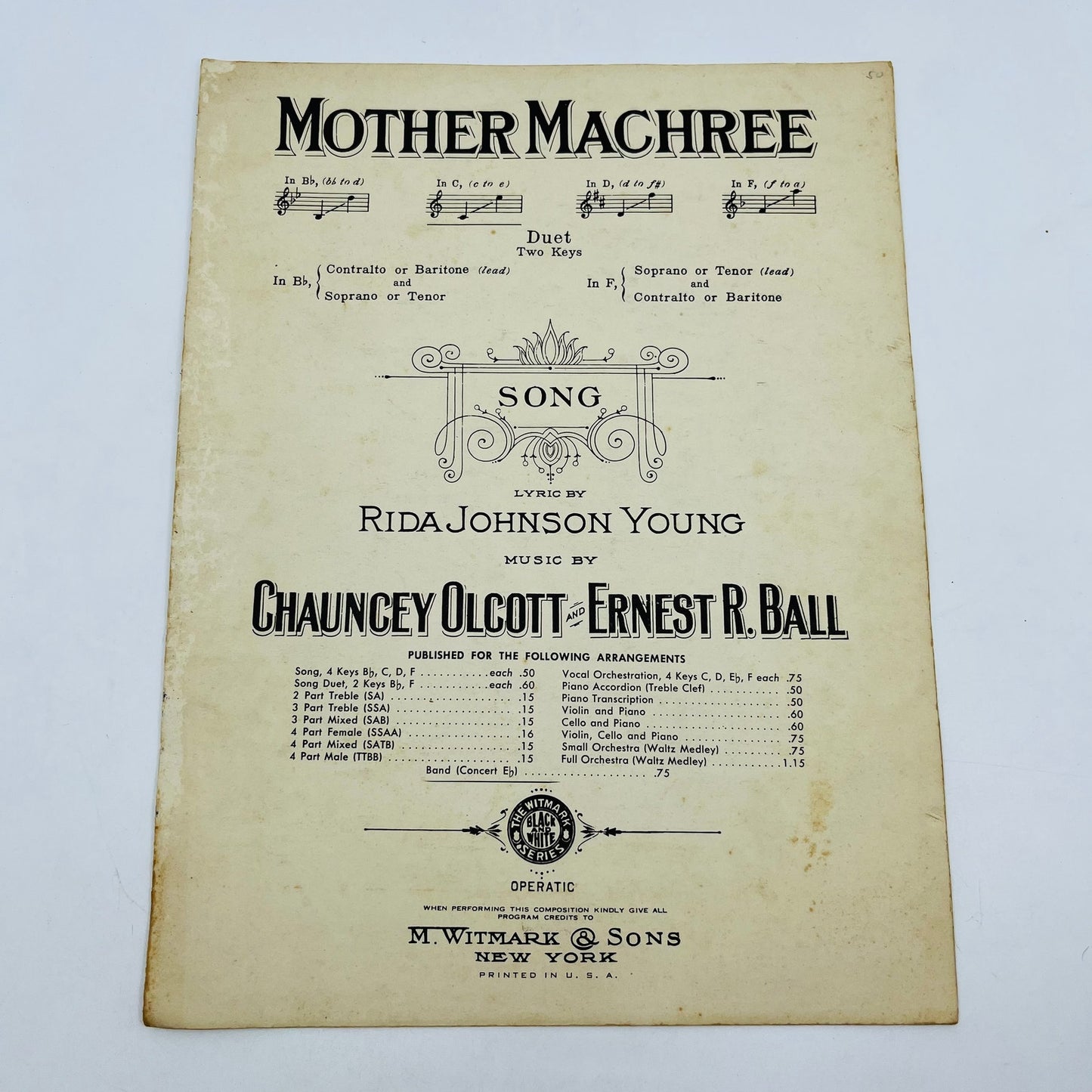 1910 Mother Machree Chauncey Olcott Ernest R. Ball Sheet Music V37-4