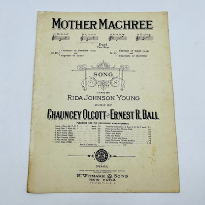1910 Mother Machree Chauncey Olcott Ernest R. Ball Sheet Music V37-4