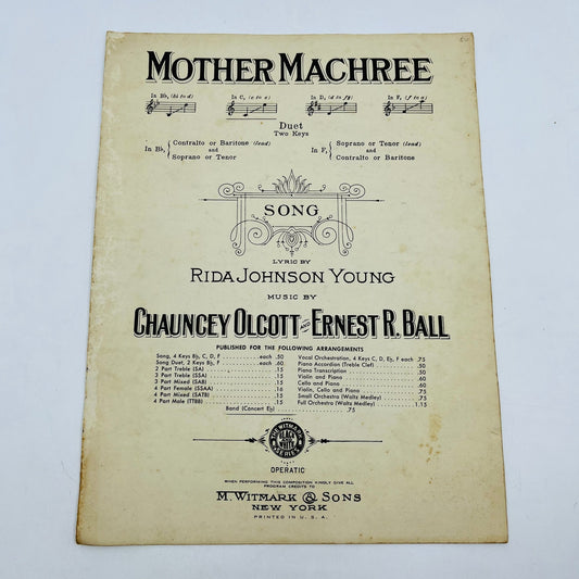 1910 Mother Machree Chauncey Olcott Ernest R. Ball Sheet Music V37-4