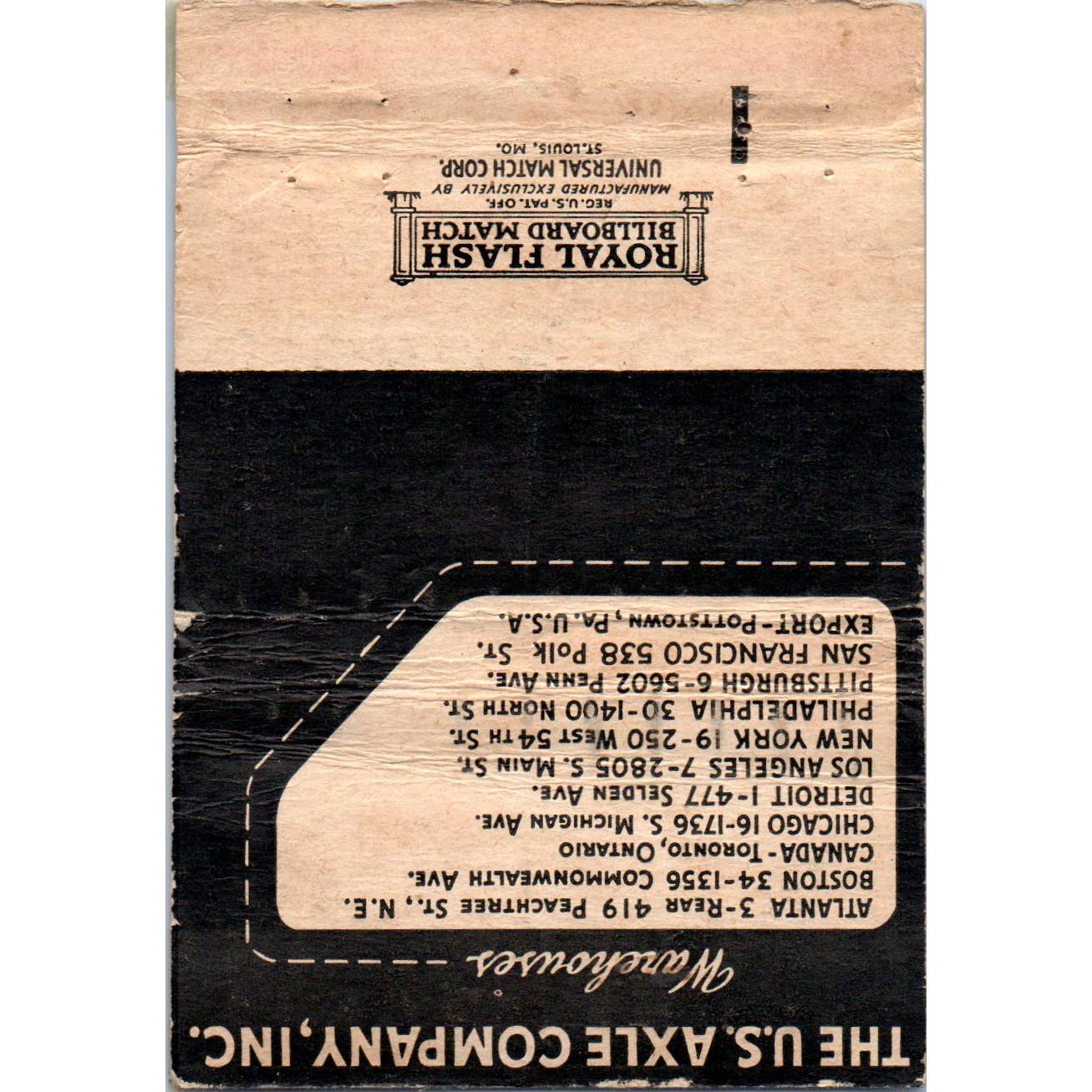 The US Axle Company Pottstown PA Advertising Matchbook Cover SA1-M5