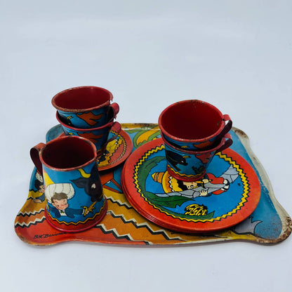 1940's Ohio Art Tin Litho The Little Mexican Boy Sombrero Bull Tea Set 14pc TD2