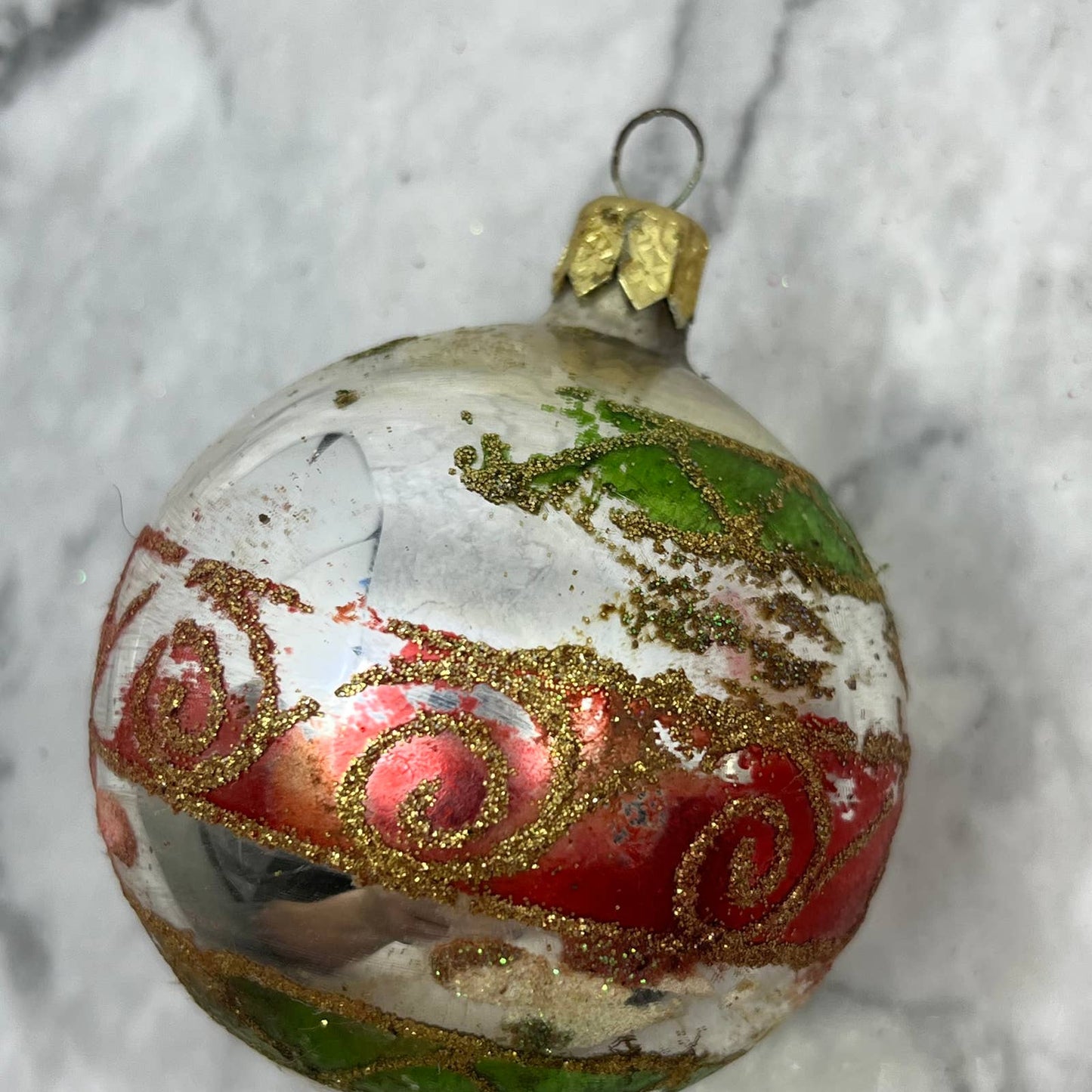 Lot of 2 Vintage Recessed Mica Stencil Blown Mercury Glass Ornaments OT2