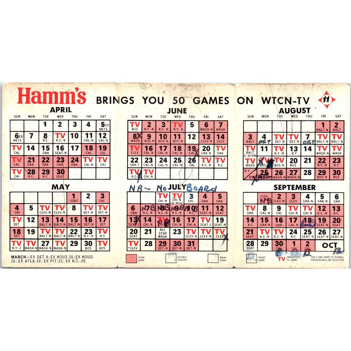 1969 Minnesota Twins Baseball Bear Hamms Pocket TV Schedule TK1-P3