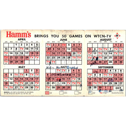 1969 Minnesota Twins Baseball Bear Hamms Pocket TV Schedule TK1-P3