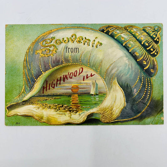 1909 Post Card Souvenir Highwood IL Seashell Sailboat Embossed Gold Gilt PA8