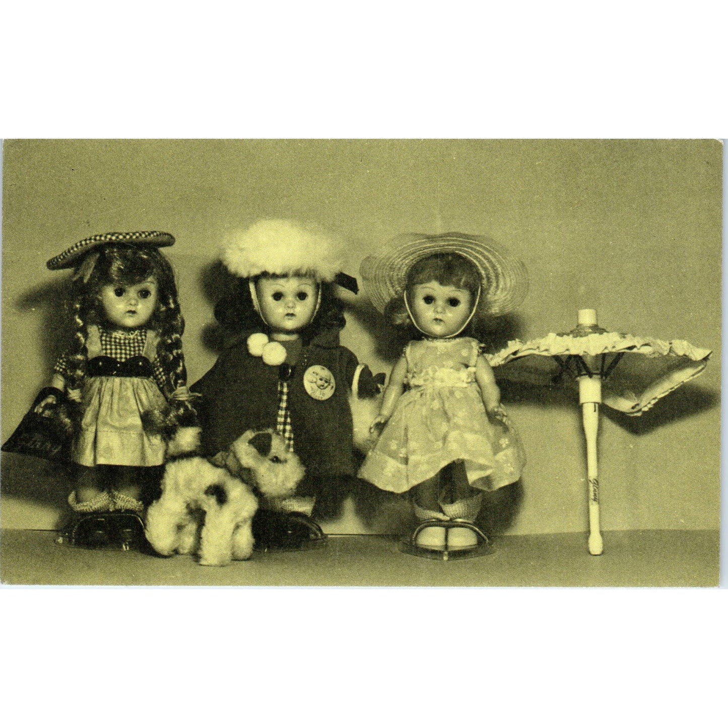 Group of French Bisque Dolls With Dog Green Tint Original Postcard PB10