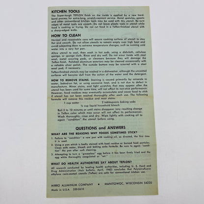 1960s Mirro Teflon Aluminum Cookware How-To Leaflet D2