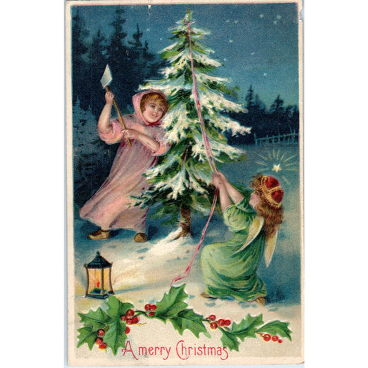 1908 Girls Chopping Down Christmas Tree Embossed Original Postcard P2-11