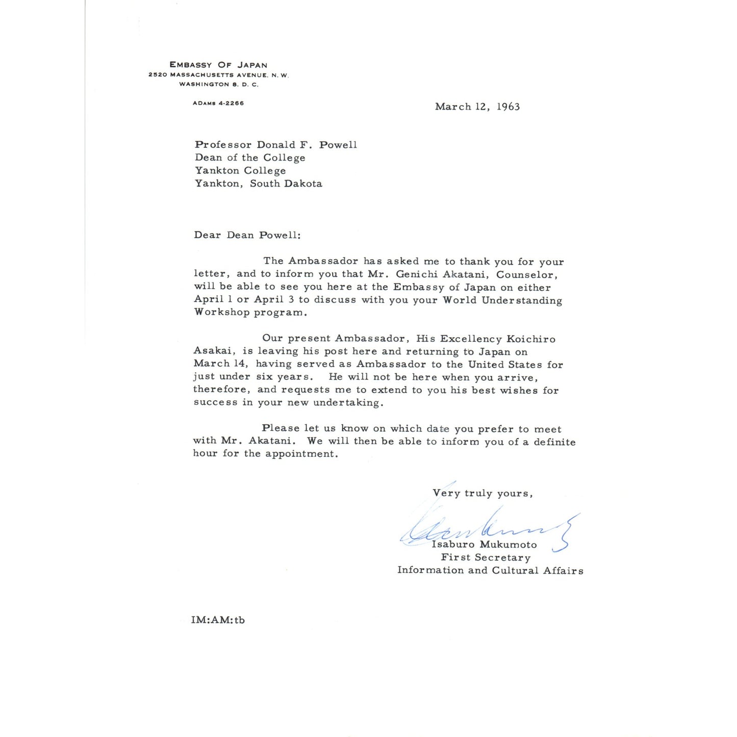 Embassy of Japan Letterhead Memo Isaburo Mukumoto 3/12/63 B14