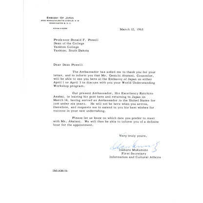Embassy of Japan Letterhead Memo Isaburo Mukumoto 3/12/63 B14
