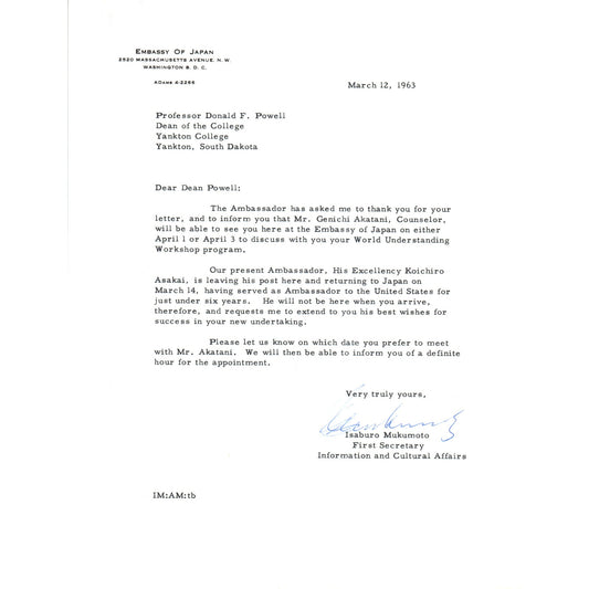 Embassy of Japan Letterhead Memo Isaburo Mukumoto 3/12/63 B14