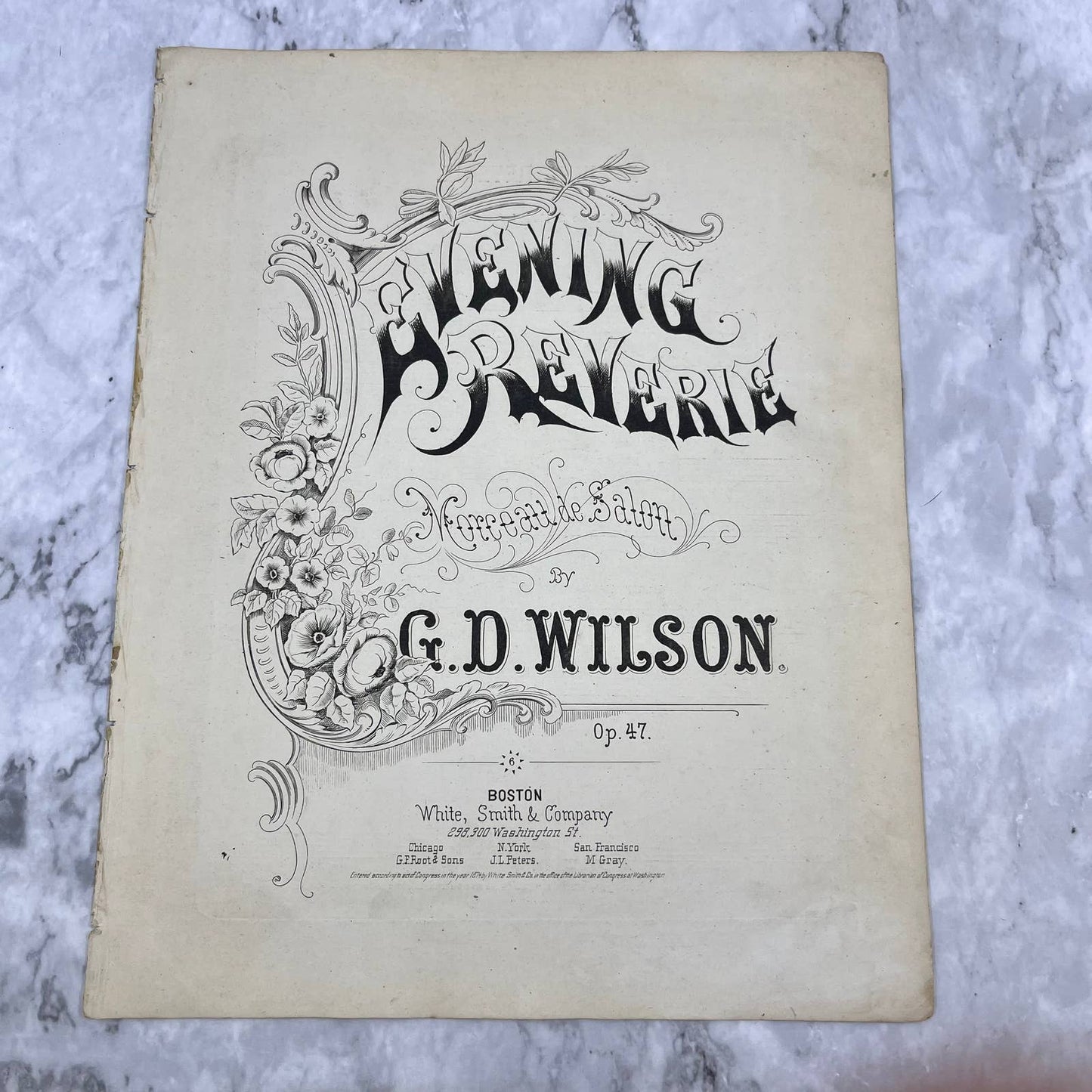 1874 Sheet Music Evening Reverie Morceau De Salon G.D. Wilson TH1