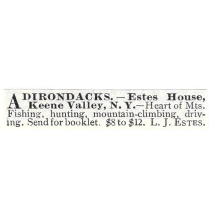 Adirondacks Estes House Keene Valley NY L.J. Estes - 1903 Original Ad TJ8-7-5