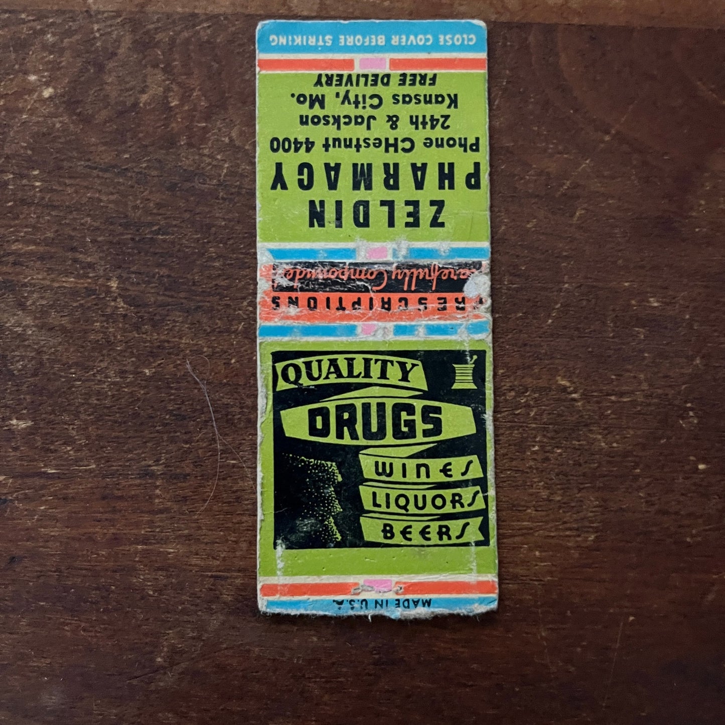 Zeldin Pharmacy Kansas City MO Advertising Matchbook Cover MM11-5