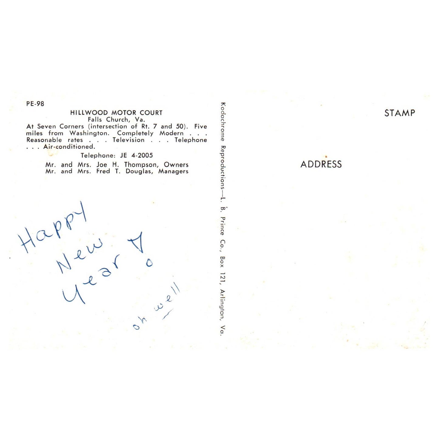 Hillwood Motor Court Falls Church Virginia Joe H. Thompson - Postcard TJ8-1