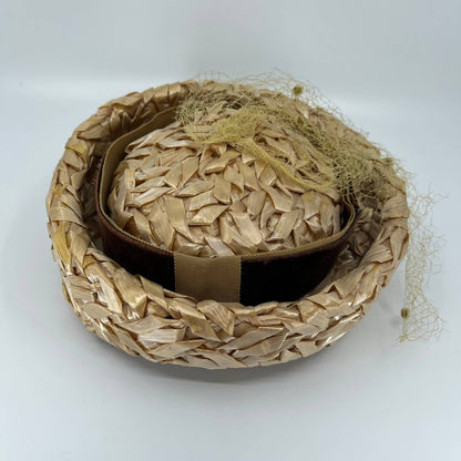 Vintage Women’s Straw Woven Pillbox  Hat With Brown Velvet Bow and Netting HB1