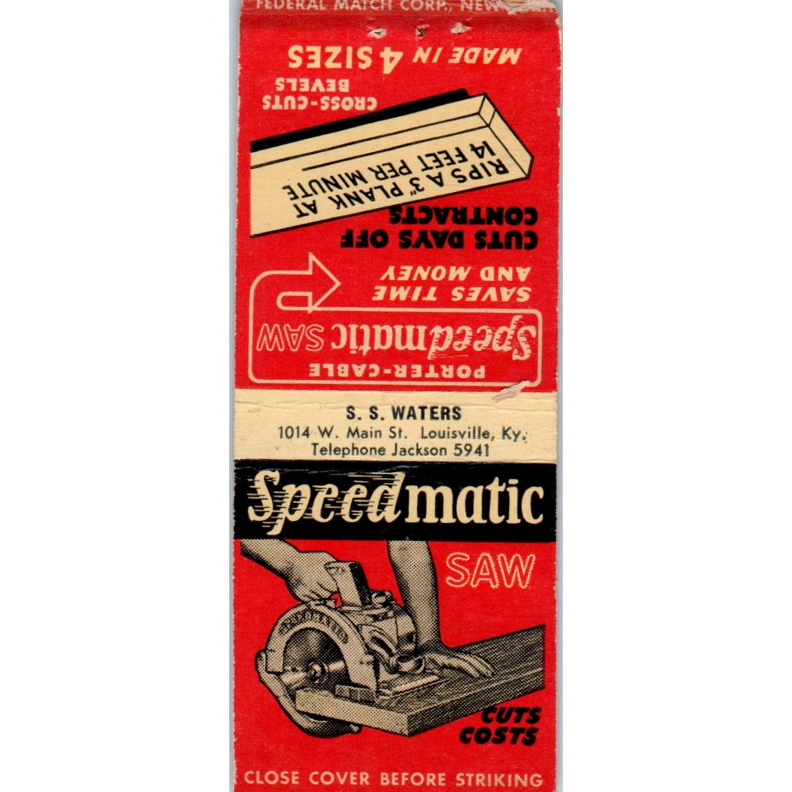 Speedmatic Saw S.S. Waters Louisville KY Advertising Matchbook Cover MM9-10