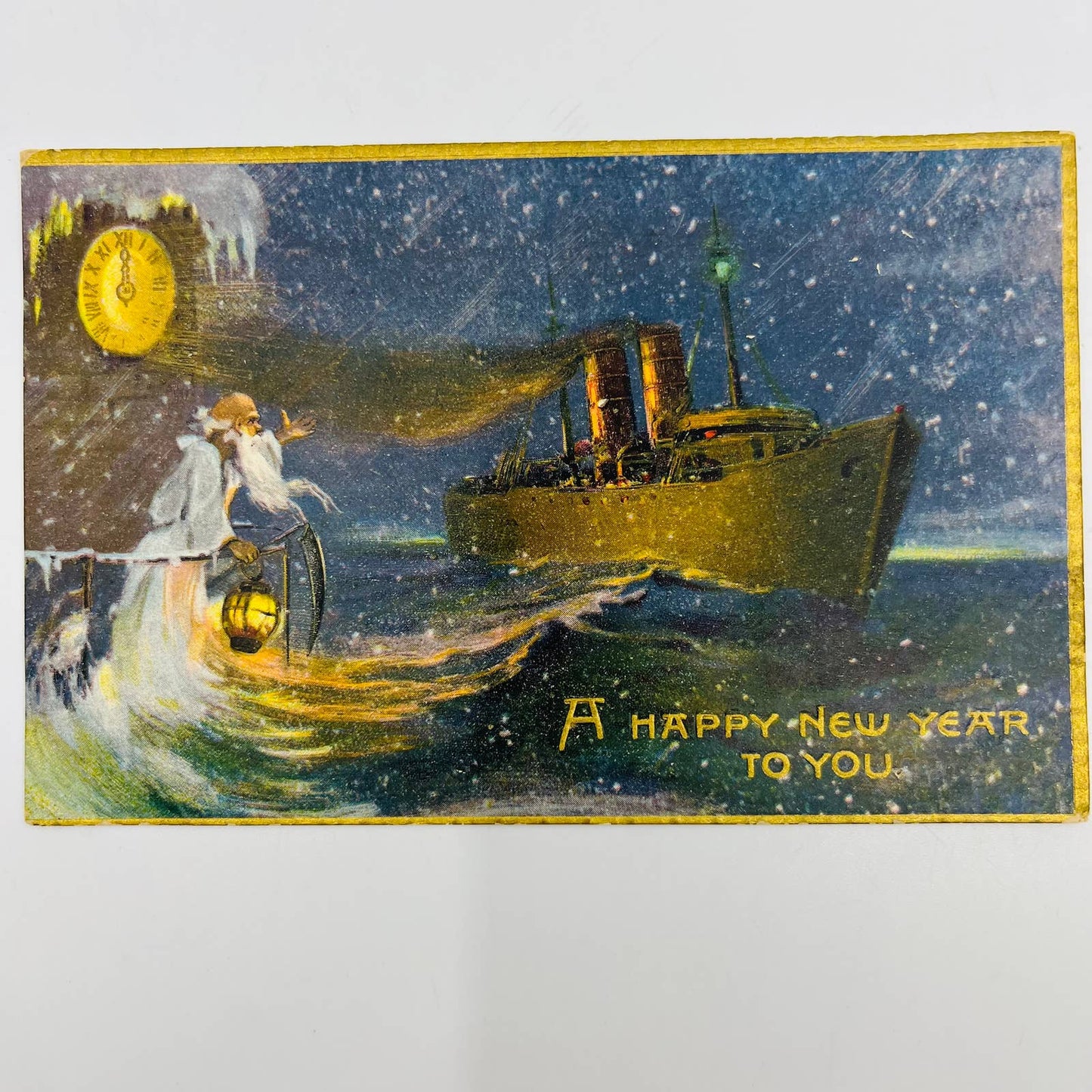 1910s Christmas New Year’s Post Card Embossed Father Time Hailing Steamship PA3