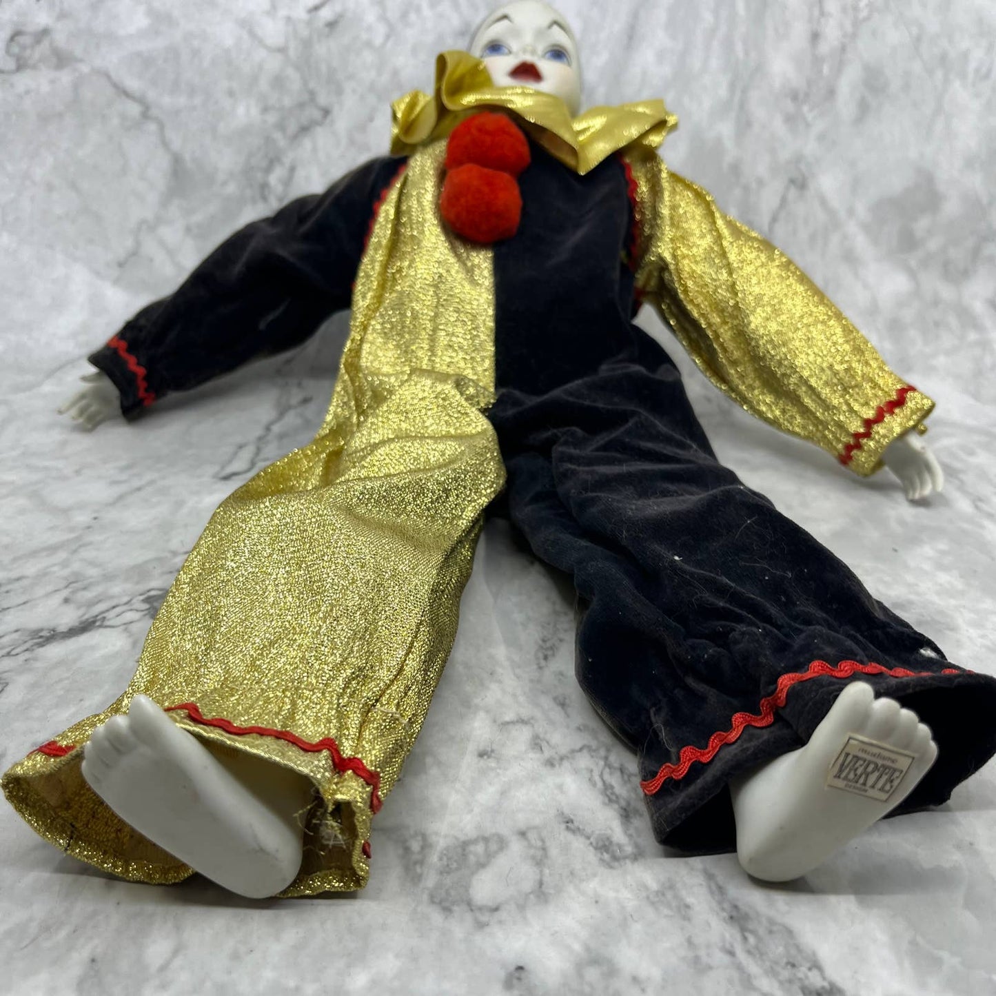 Madame Verte Large Musical Clown Pierrot Harlequin Doll Porcelain Sankyo 18”