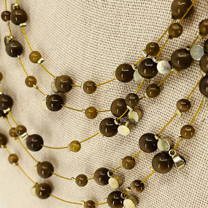 Vintage MCM Layered Brown Bead & Rhinestone Gold Tone Necklace SB2