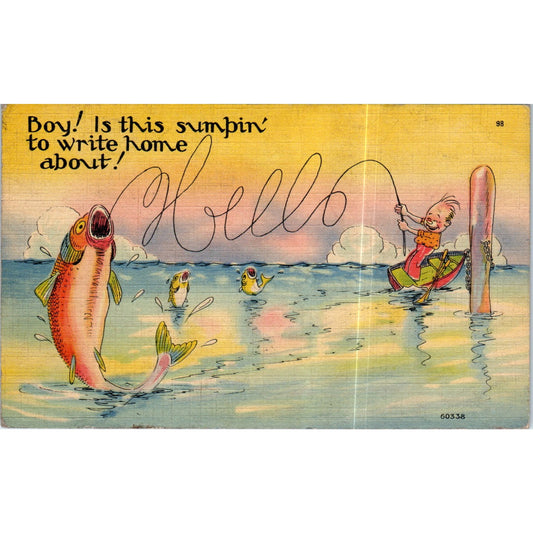 Man Catching Giant Fish Comic Ocean Fishing 1942 Original Postcard P2-3