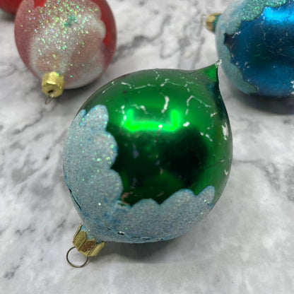 Vintage Lot of 3 Teardrop Mercury Glass Ornaments Red Blue Green Mica OT1