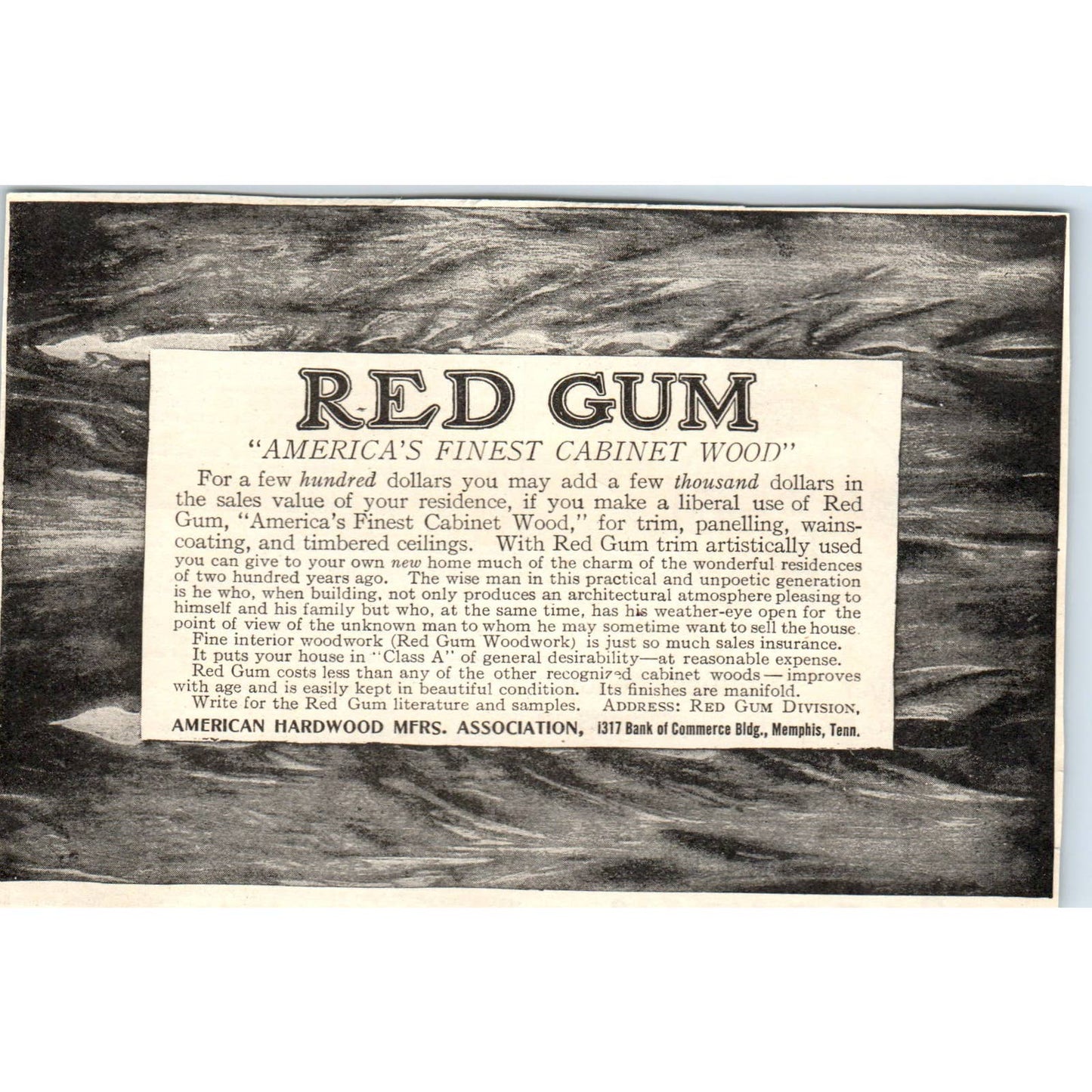 c1920 Harper's Magazine Ad -  Red Gum Cabinet Wood Memphis TN EA3