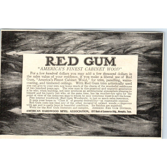 c1920 Harper's Magazine Ad -  Red Gum Cabinet Wood Memphis TN EA3