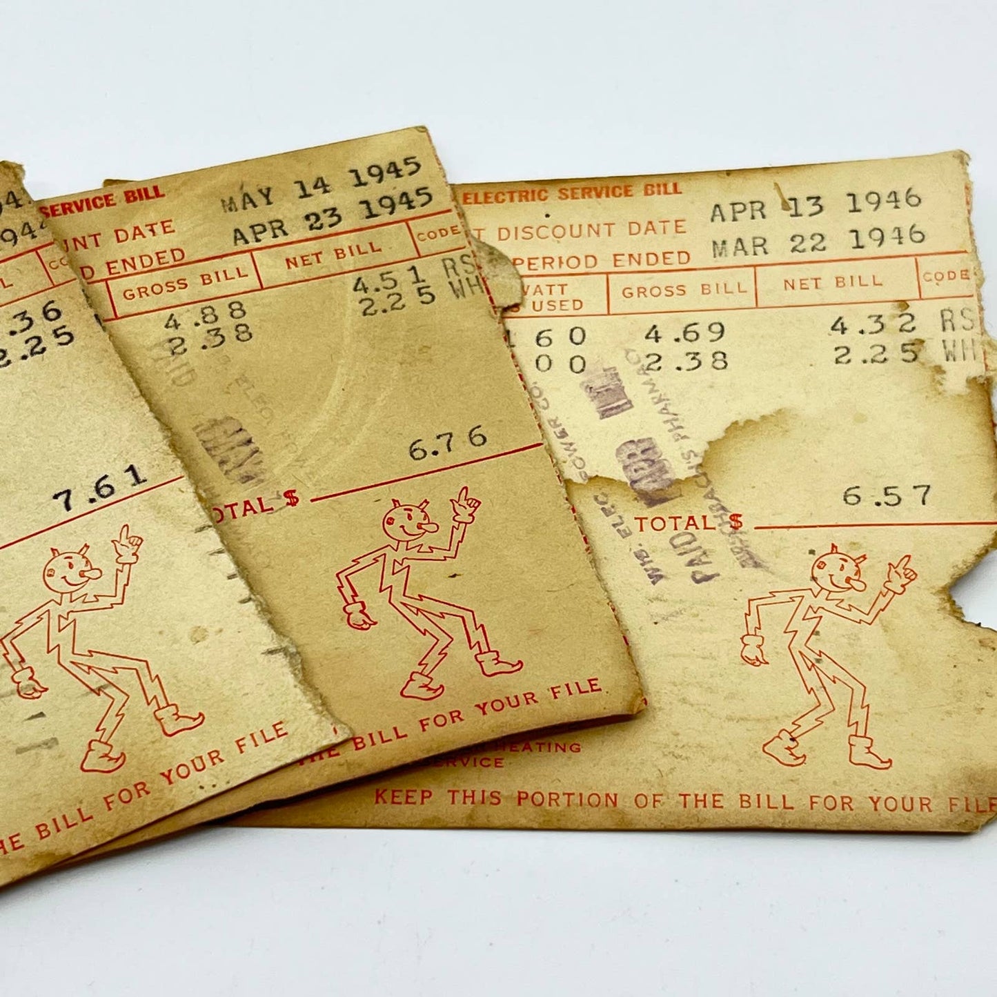 1944-46 REDDY KILOWATT Electric Bill Stub Lot of 3 Wisconsin Electric Power SC6