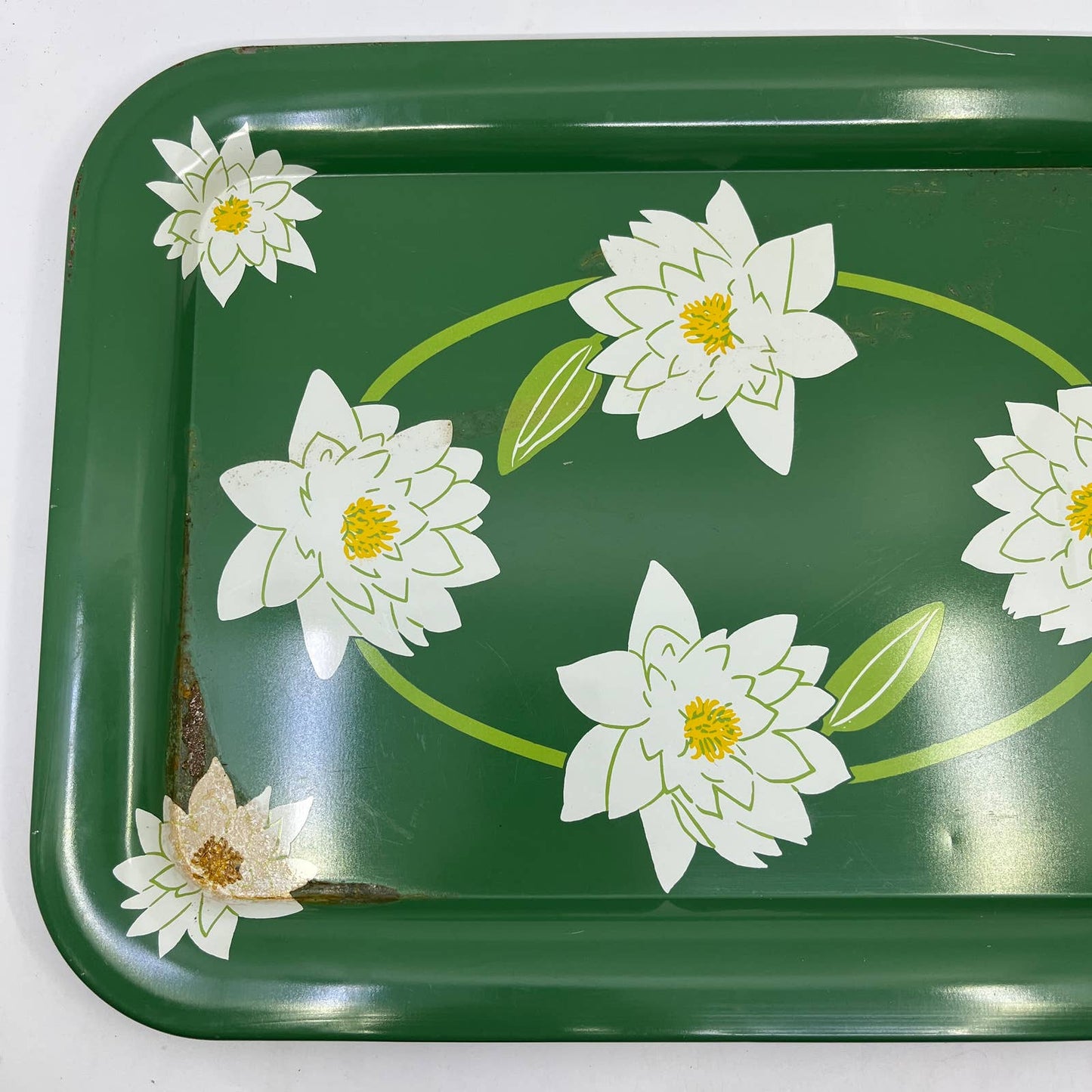 Vintage Toleware Metal Tray Water Lillies White Lotus Flowers 17.5x13" Set Of 2