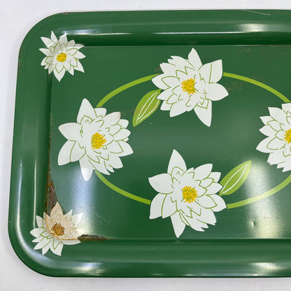 Vintage Toleware Metal Tray Water Lillies White Lotus Flowers 17.5x13" Set Of 2