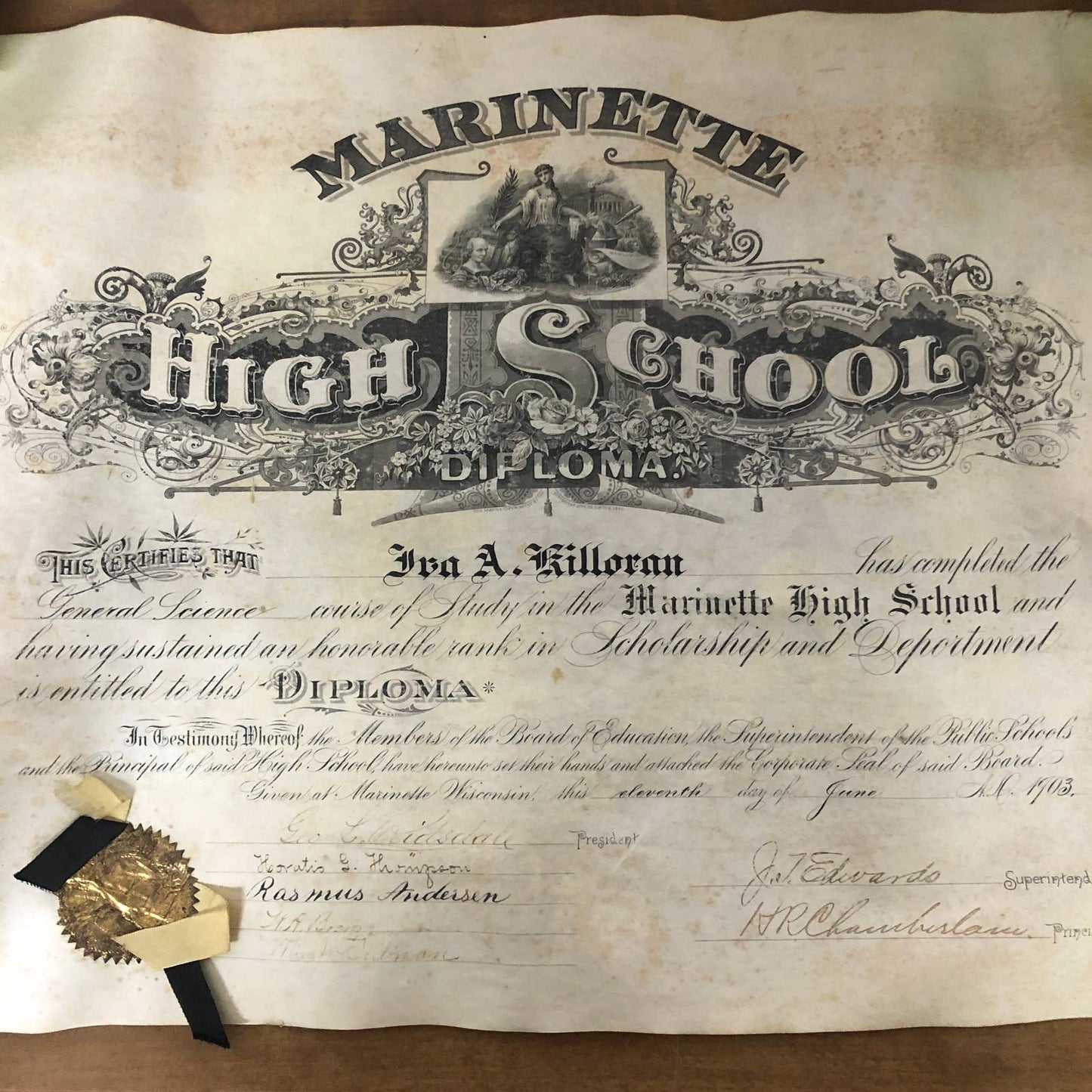 1903 Marinette High School Diploma Lithograph Ira A. Killoran Wisconsin RU1