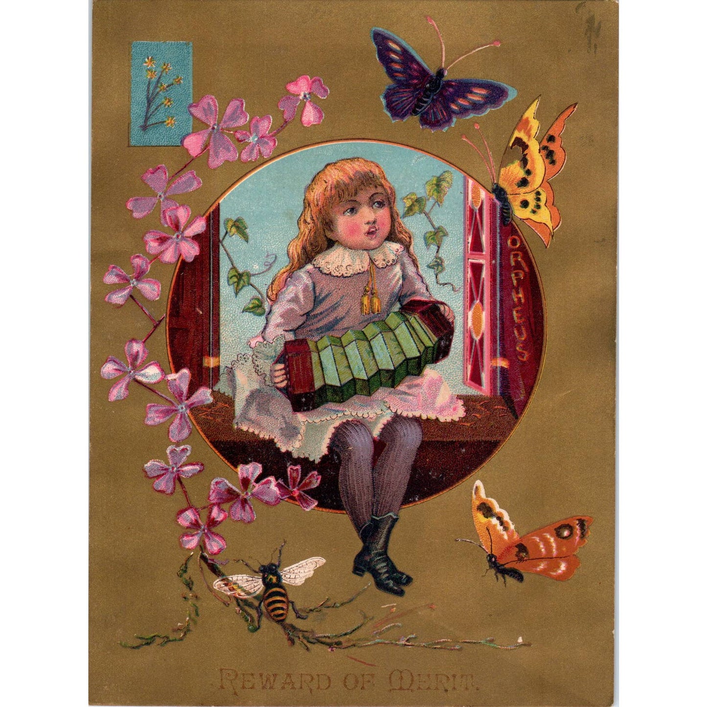 1880s Victorian Trade Card Reward of Merit Accordion Girl Butterfly Bee SF2