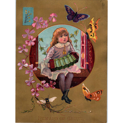 1880s Victorian Trade Card Reward of Merit Accordion Girl Butterfly Bee SF2