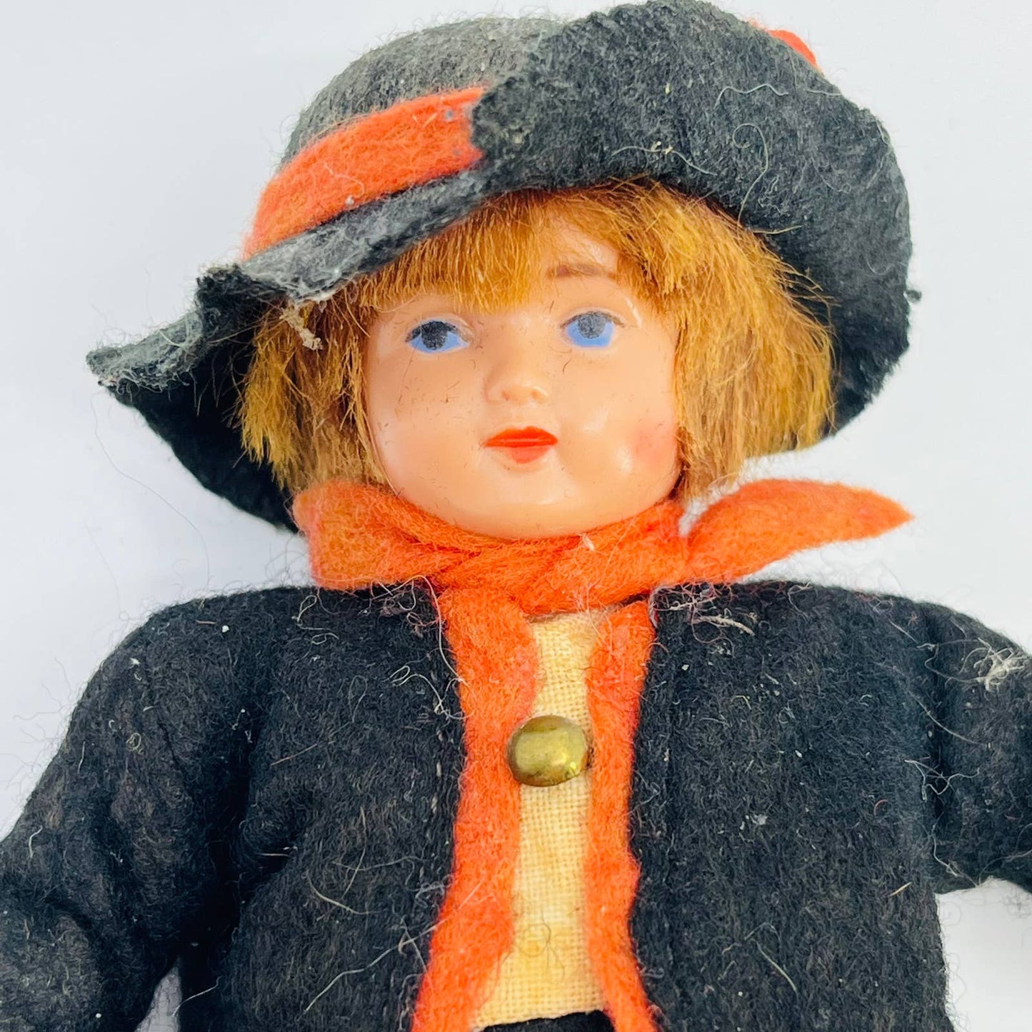 Antique German Boy Doll Brown Hair Blue Eyes & Felt Suit 5.5” Hard Plastic TE1